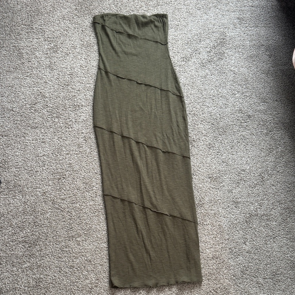 Olive Green Strapless Midi Dress